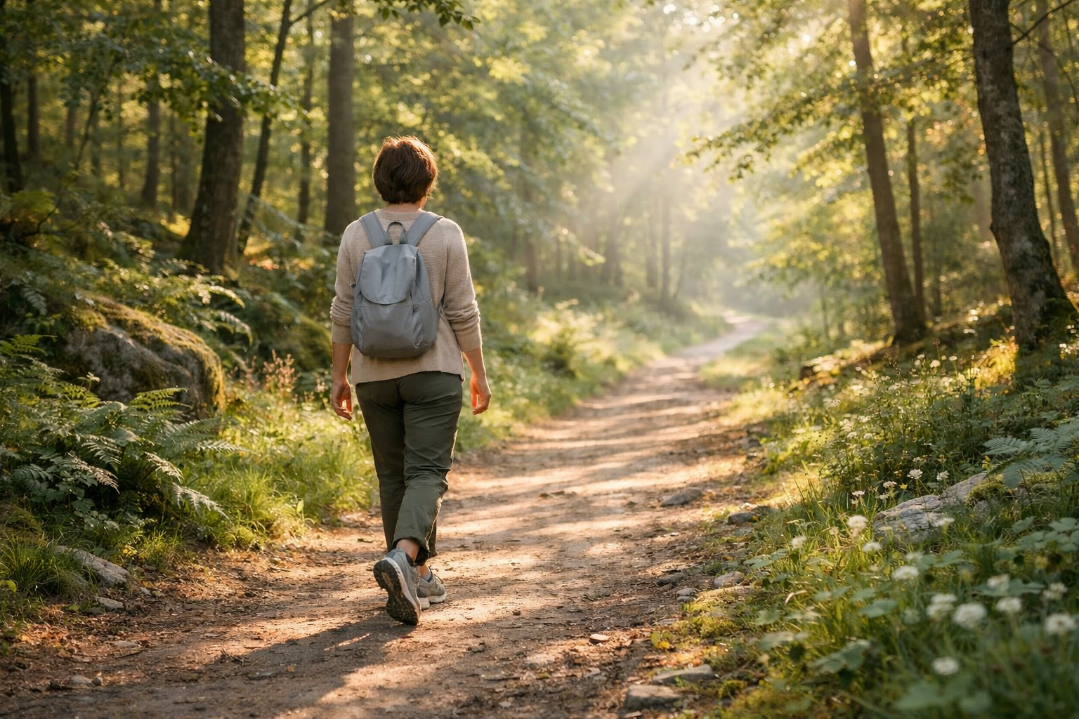 Person walking peacefully in nature, gentle forest path, soft natural light filtering through trees, comfortable walking shoes, serene wellness moment